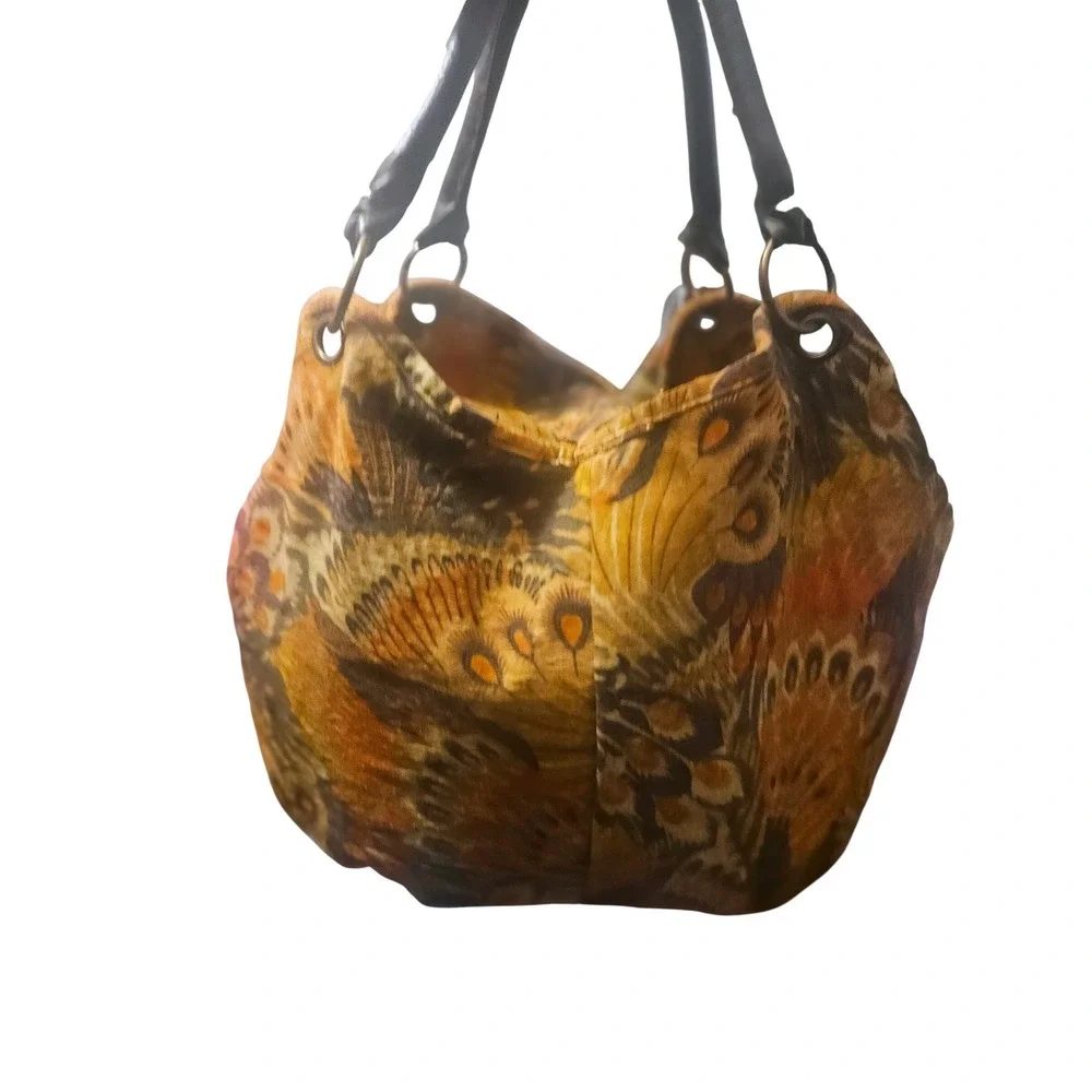 Peacock Feather Print Hobo Bag Orange Brown Tapestry Shoulder Tote